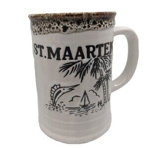 St. Maarten Coffee Mug Cup White Black Town Hall Steel Band Fish Japan Vintage